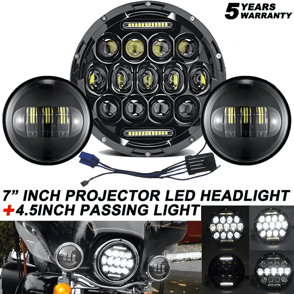 For Harley Touring Road King 7" LED Headlight + 4.5" Fog Lights Passing lamps