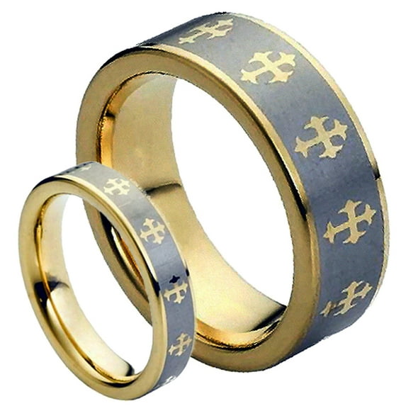 For Him & Her 8MM/5MM Tungsten Carbide Two Tone Gold Plated Laser Etched Celtic Cross Wedding Band Ring Set