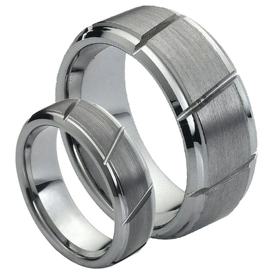For Him & Her 8MM/6MM Tungsten Carbide Brushed Center With GrooveCut Wedding Band Ring Set