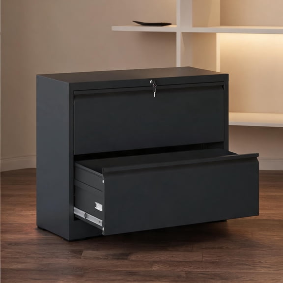 For Home Office Workspace, Jet Black Steel 2-Drawer Lockable Lateral File Cabinet for Document Storage, Modern Sleek Style
