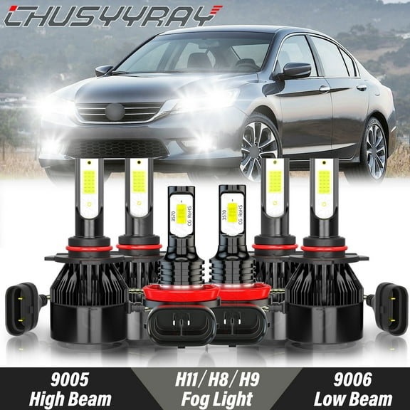 For Honda Accord 2006-2009 2010 2011 2012 LED Headlight High Low Beam + Fog Light Bulbs 6000K White 6x