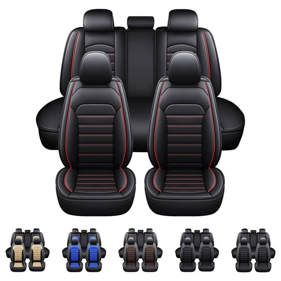 FANOTEK For Honda Accord Car Seat Covers, 5-Seat Full Set Pu Leather Cushion Protector for Civic CR-V Crosstour Clarity Insight Black with Red Line