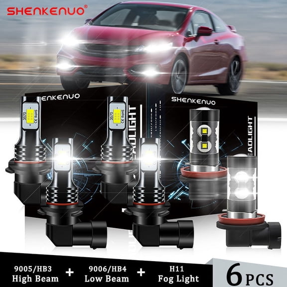 For Honda Civic 2006- 2013 2014 2015 6x 6000K COB 9005 9006 LED Headlight High/Low + H11 Fog Lights Bright White 40W