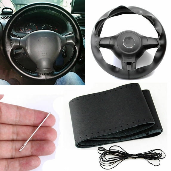 For Honda Civic 2006-2021-Replacement Leather Steering Wheel Cover Black 15''