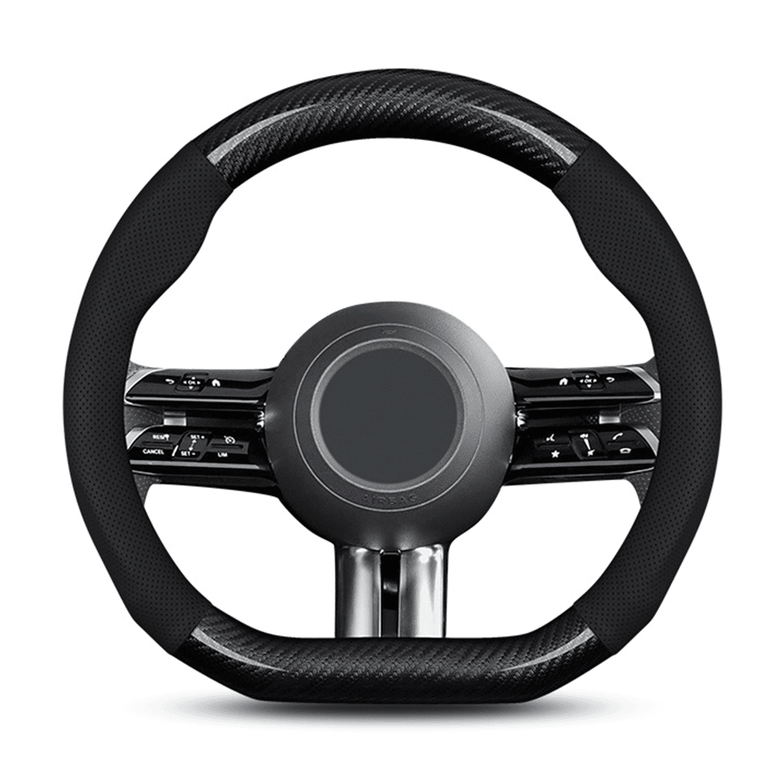 Flat Bottom Steering Wheel Cover, D Shaped Car Wheel Cover 14-14 1/4 in. (35.5-36 cm), for Tesla Model 3 / Y, for Camaro, Black Breathable Leather with Carbon Fiber Pattern