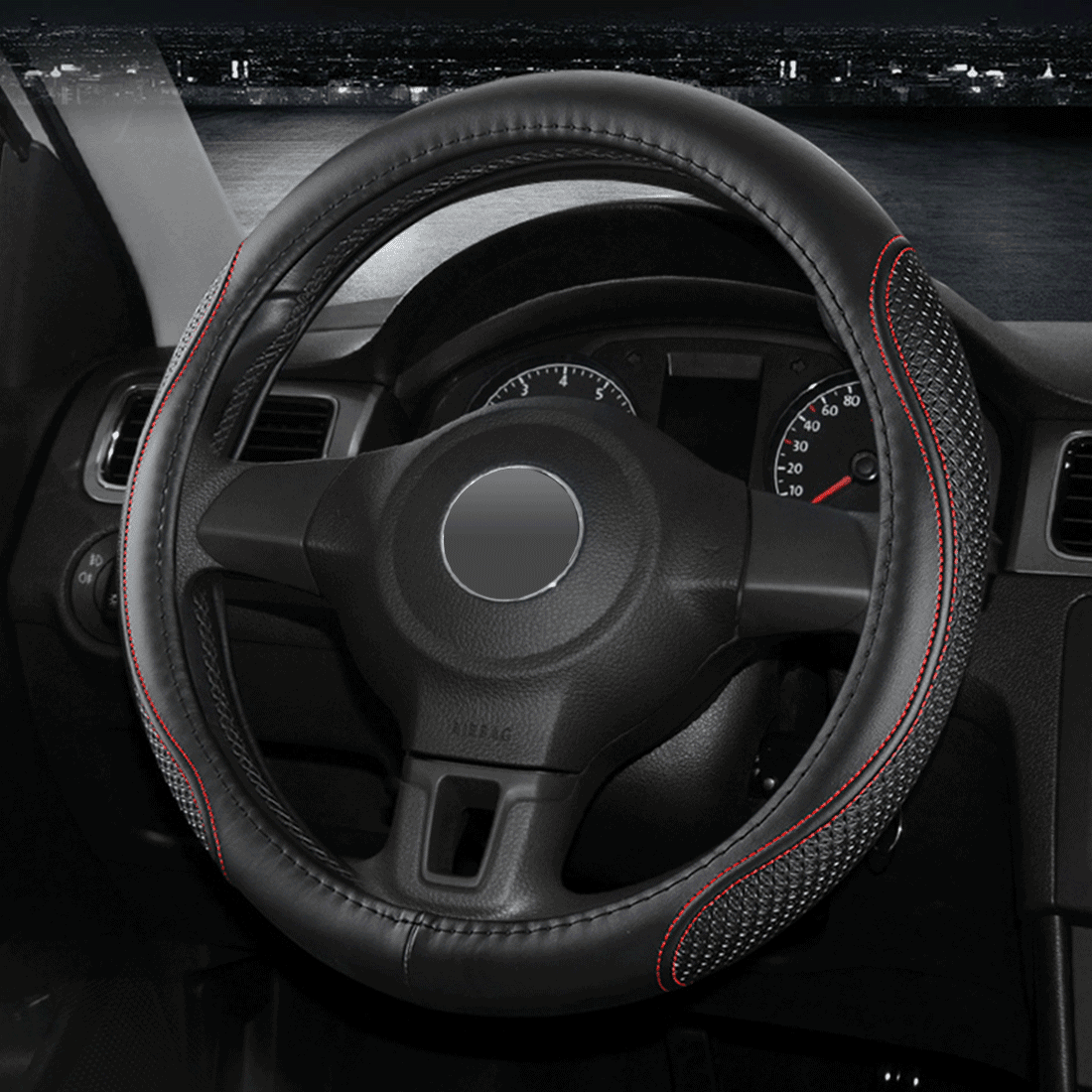 Customized Auto Leather Car Steering Wheel Cover for Honda Civic, CR-Z, Insight, S2000, 14" - 14.25" (Black+Red Line-Small Size)