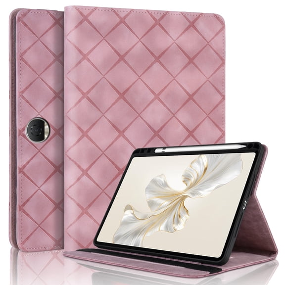 for Honor Pad 9/Honor Tablet 9 12.1 inch Case, Rhombus Grid Pattern Multiple Viewing Angles Stand Slim Folio Cover (Pink)
