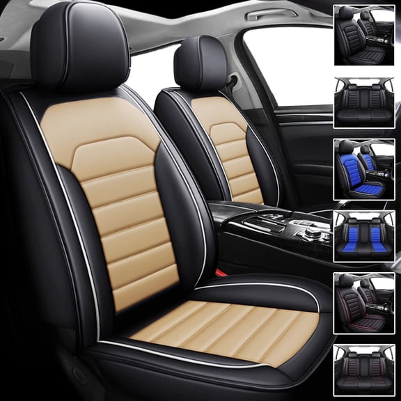 FANOTEK Black Beige, PU Leather, Waterproof, Front Rear Seat Covers, 5 Pieces