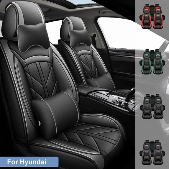 For Hyundai Car Seat Covers 5 Seats Full Set, Waterproof Pu Leather Auto Cushion Protector with Pillows, Front Rear Seat Cover for Elantra Tucson Sonata Azera Kona NEXO Black+Gray