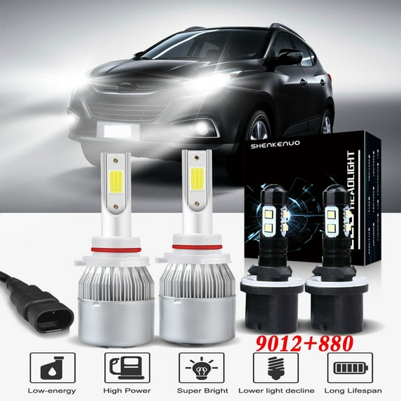 For Hyundai IX35 2015 9012 Headlights 9012 High/Low Beam Headlights and 880 LED Fog Light Bulbs 4pc