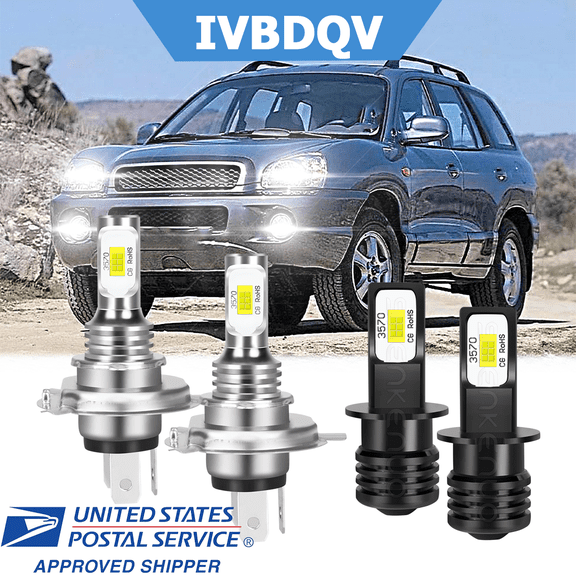 For Hyundai Santa Fe 2001 LED Headlight Replacment 9003/H4 High/Low Beam+H3 Fog Light 4pcs