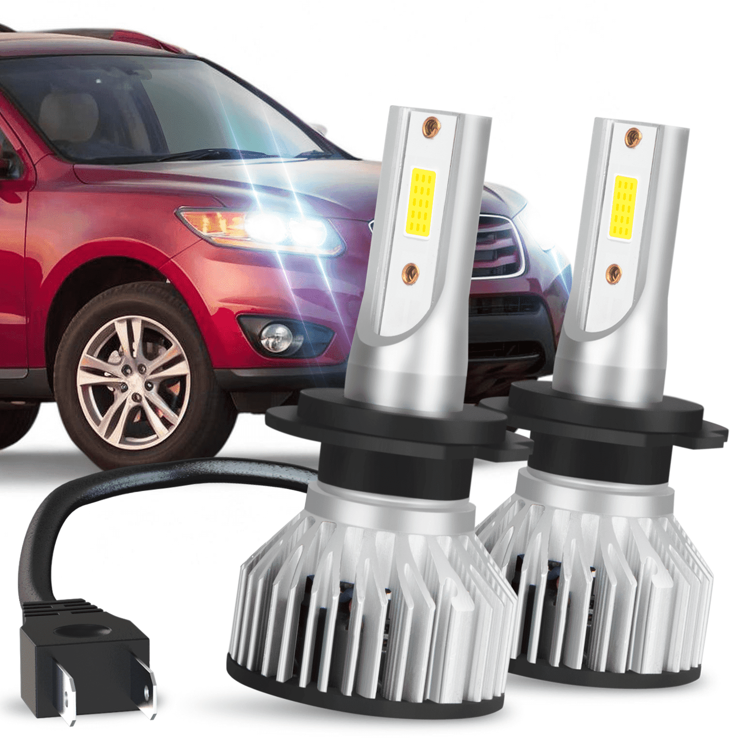 H7 LED Headlight Kit For 2007-2008 Hyundai Santa Fe - 4 Bulbs (High & Low Beam), 6000K White