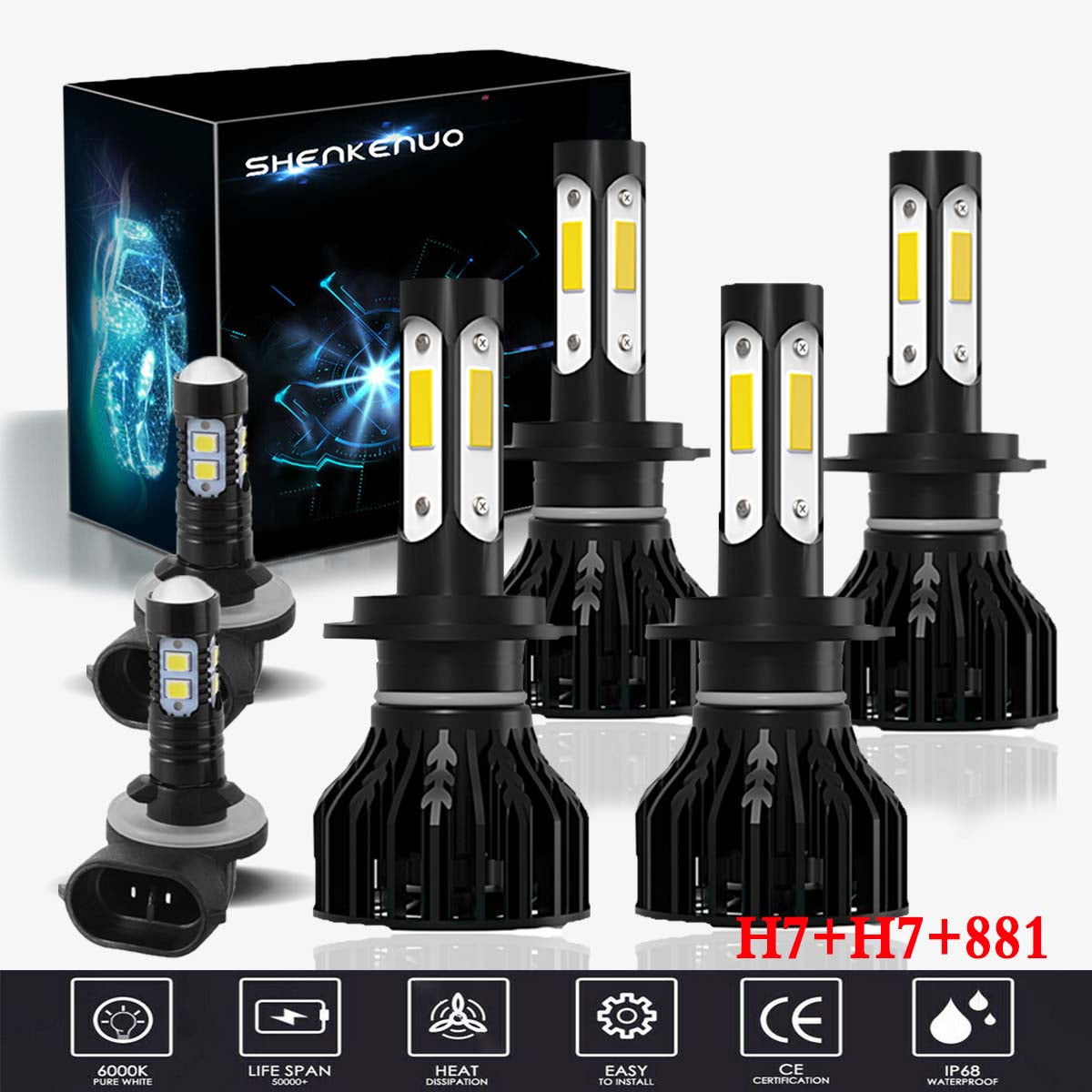For Hyundai Veloster 2012-2017 Headlights,H7 LED High/Low Beam and 881 Fog light Bulbs,6pcs