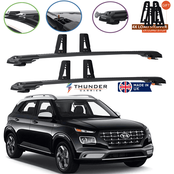 For Hyundai Venue 2020-2023 Lockable Roof Rack Cross Bars Rails Black 4X Stopper
