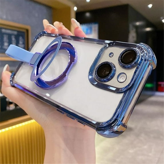 For IPhone 14 Case Compatible With MagSafe, Transparent Crystal Back Cover With Ring Stand Magnetic Cover Case,Blue,For iPhone 14