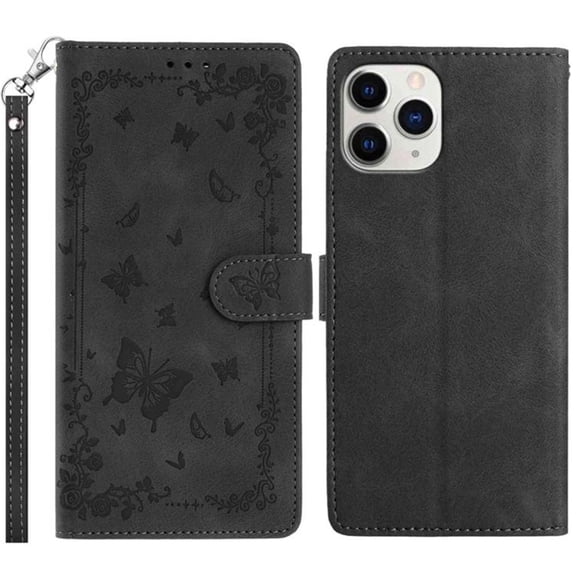 For IPhone 14 Pro 6.1-inch Wallet Case For Women Men Multi-Card Slots Butterfly Pattern  Wristlet Leather Phone Case,Black,For iPhone 14 Pro