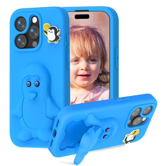 For IPhone 15 Pro Max Case Cartoon Penguin Baby Stand EVA Environmental Protection Anti Fall Phone Protective Cover,Blue,For iPhone 15 Pro Max