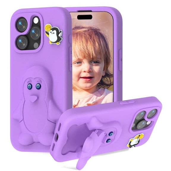 For IPhone 16 Pro Max Case Cartoon Penguin Baby Stand EVA Environmental Protection Anti Fall Phone Protective Cover,Purple,For iPhone 16 Pro Max