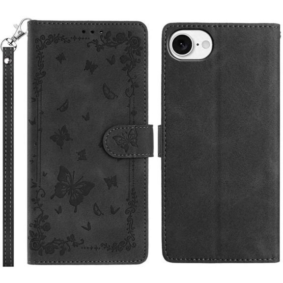 For IPhone 16e 6.1-inch Wallet Case For Women Men Multi-Card Slots Butterfly Pattern  Wristlet Leather Phone Case,Black,For iPhone 16e