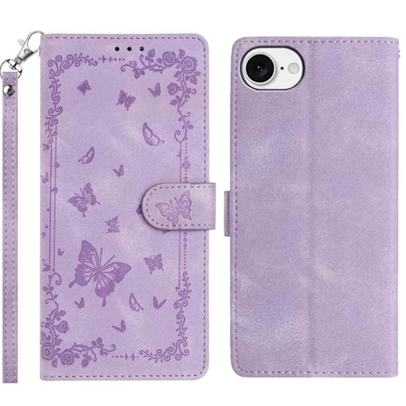 For IPhone 16e 6.1-inch Wallet Case For Women Men Multi-Card Slots Butterfly Pattern  Wristlet Leather Phone Case,Purple,For iPhone 16e