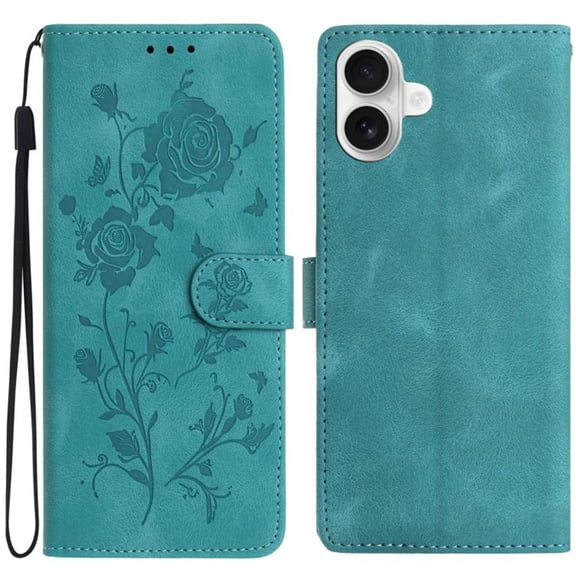 For IPhone 17 6.3" Rose Embossed Strong Magnetic Attachment/Closure, Card Slots/Pocket, PU Leather Flip Wallet Case ,Green,For iPhone 17