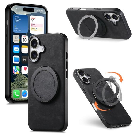 For IPhone 17 Case Retro Leather Circular Rotating Stand Shockproof Phone Case,Black,For iPhone 17