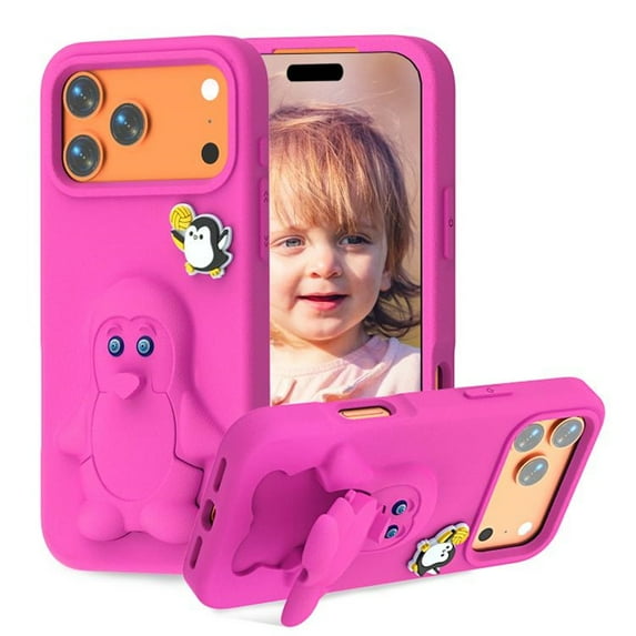 For IPhone 17 Pro Max Case Cartoon Penguin Baby Stand EVA Environmental Protection Anti Fall Phone Protective Cover,Rose red,For iPhone 17 Pro Max