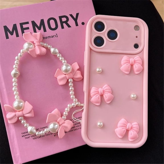 For IPhone 17 Pro Max Case Soft Silicone Shockproof 3D Bow, Pearl With Bead Wristband Cover Case,Pink,For iPhone 17 Pro Max