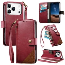 For IPhone 17 Pro Wallet For Women Men,Patchwork Style Durable PU Leather Magnetic Flip Lanyard Strap Wristlet Zipper Card Holder Wallet Phone Case