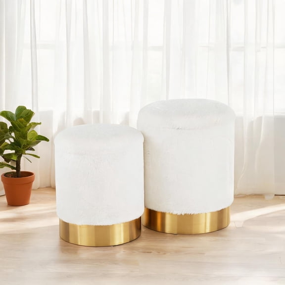 For Indoor Living Room Extra Seating, Contemporary Nesting Ottoman Set Compact Neutral Beige Fabric and Gold Metal