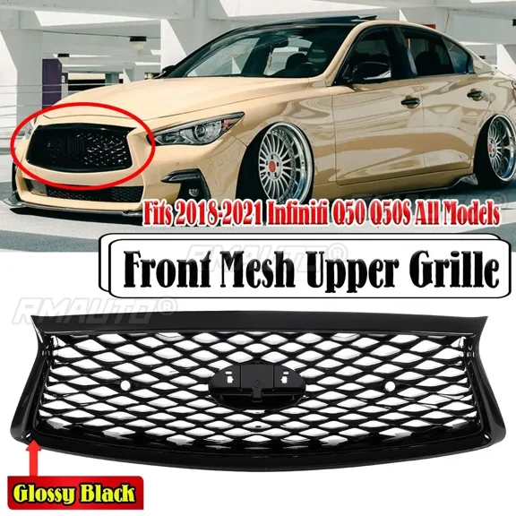 For Infiniti Q50 Q50S 2018-2021 All Models Front Grille Grill Bumper Hood Mesh Glossy Black  Cap Auto Kit Exterior Part Body Kit