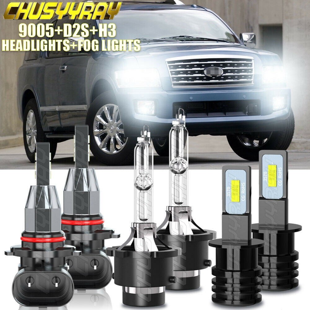 Complete HID/LED Headlight & Fog Light Bulb Kit For Infiniti M35 2006-2010 – 6 Bulbs: 9005 High, D2S Low, H11 Fog – 6000K White