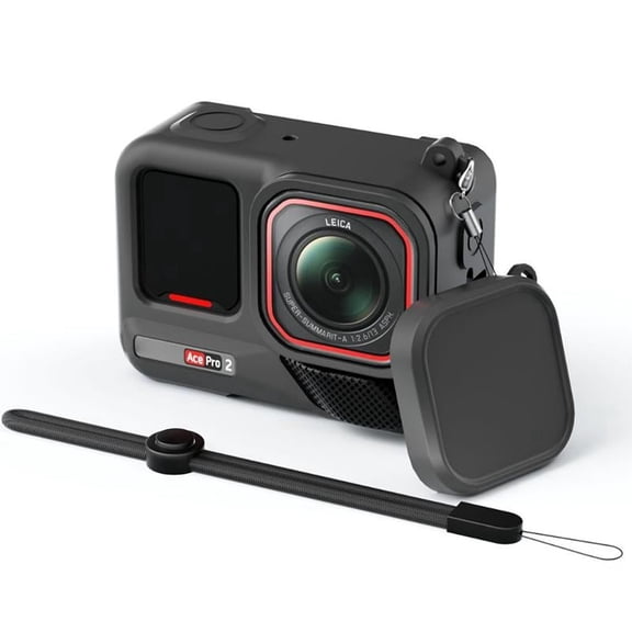 For Insta360 Ace Pro 2 Silicone Protective Case with Wrist Strap & Lens Cover (Black)