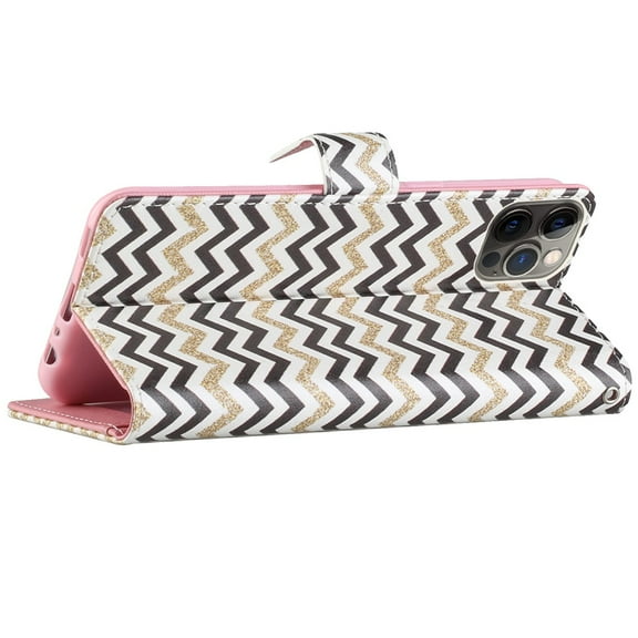 For iPhone 12 & iPhone 12 Pro (Open Camera Hole) Design Wallet ID Money Card Holder Case Cover - Black Gold ZigZag