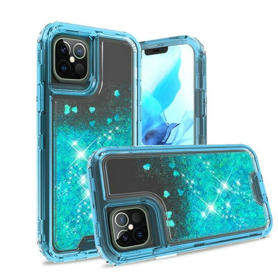 For iPhone 12 & iPhone 12 Pro (Open Camera Hole) Premium Transparent Quicksand Glitter Case Cover - Teal