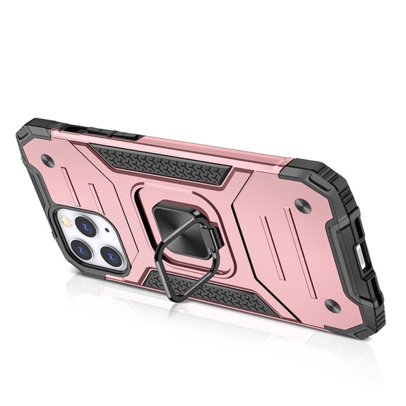 For iPhone 12 & iPhone 12 Pro (Open Camera Hole) Robust Magnetic Kickstand Hybrid Case Cover - Rose Gold