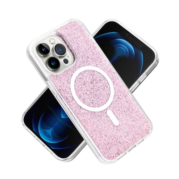For iPhone 15 Case Magnetic Circle Epoxy Full Glitter Cover + 2 Tempered Glass