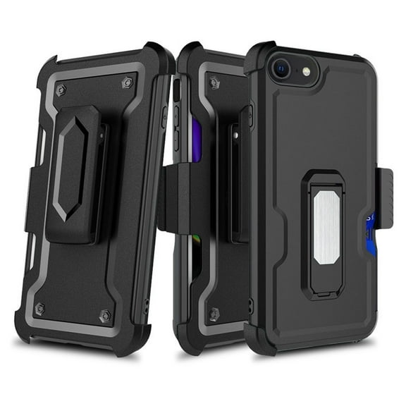 For Iphone Se 3 2022 Se87 Card Holster With Kickstand Clip Hybrid Case Cover - Black
