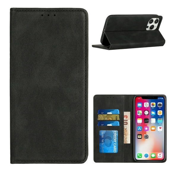 For iPhone SE 3 (2022) SE/8/7 Wallet Premium PU Vegan Leather ID Card Money Holder with Magnetic Closure - Black