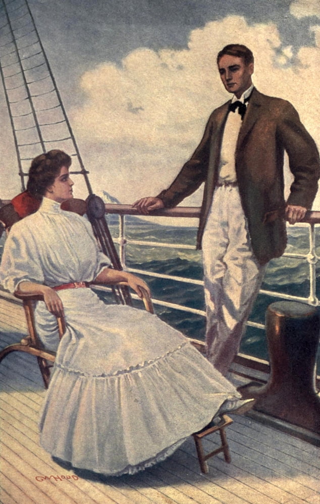 For Jacinta 1908 Couple on deck Canvas Art - George Hood (18 x 24)