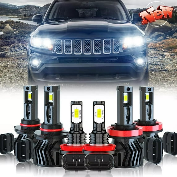 For Jeep Compass 2018 2019 2020 LED 9005+H11 Headlight H11 Fog Light Blubs Kit Super Bright White 6x