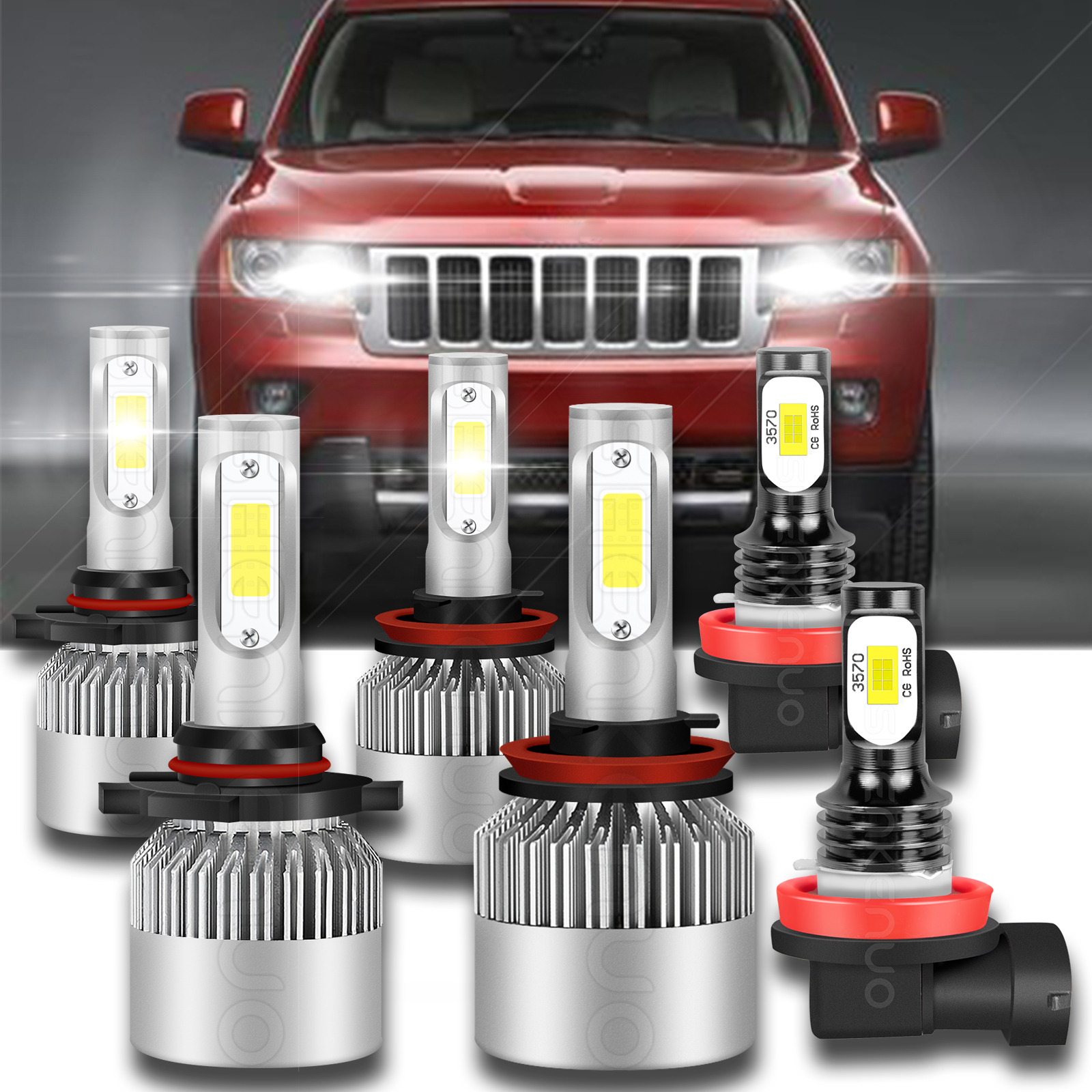 SHENKENUO 6-Piece LED Combo Kit For Jeep Grand Cherokee 2014-2018 – Headlights (9005) & Fog Lights (H11), 6500K