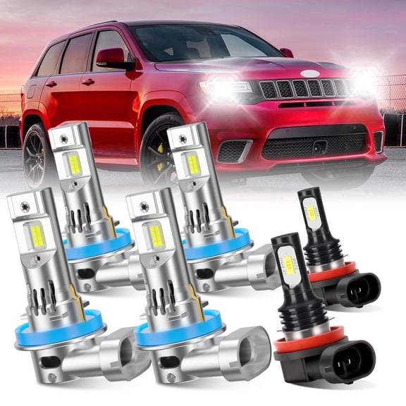 For Jeep Grand Cherokee 2017-2021 LED Headlight Bulbs H9 H11 High Beam and Fog Light H11, Pack of 6, 6000K Cool White, Plug and Play