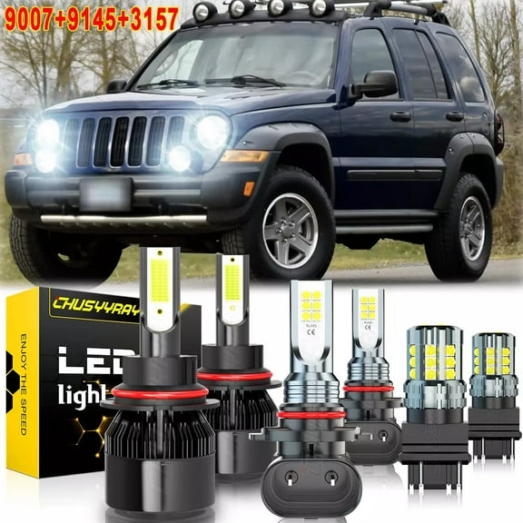 For Jeep Liberty 2002-2005 2006 2007 LED Headlight + Switchback Light + Fog Light Bulbs Kit 6000K White 6Pcs