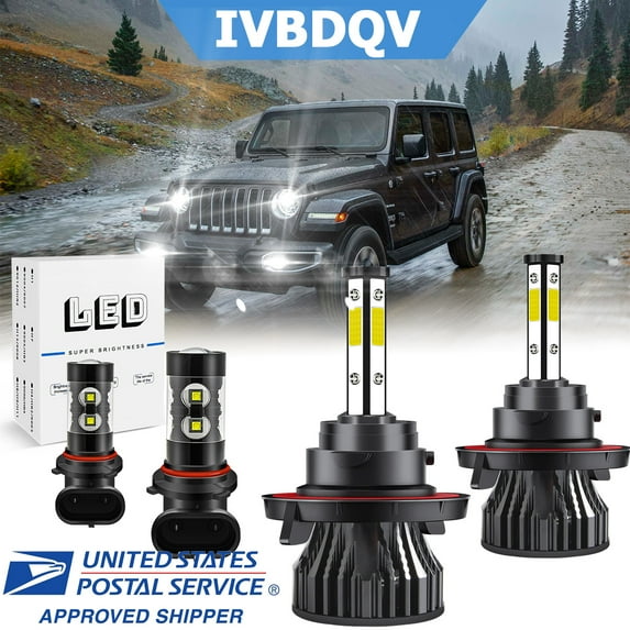 For Jeep Wrangler 2007-2009 6000K LED Headlight Hi/Lo + Fog Light Bulbs Combo Pack of 4