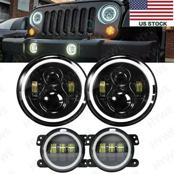 For Jeep Wrangler JK 2007-18 DOT 7" LED Headlights+4" Halo Fog Lights Combo Kit