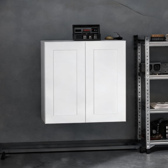 For Kitchen, Bathroom, Laundry, Garage: 30 W x 12 D x 30 H Double Door Wall Cabinet, White-toned Shaker Solid Wood with Soft-Close Doors