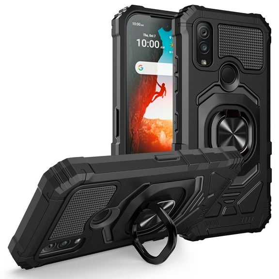 For Kyocera DuraSport 5G / UW Case Shockproof Ring Stand Phone Cover with Tempered Glass Screen Protector - Black