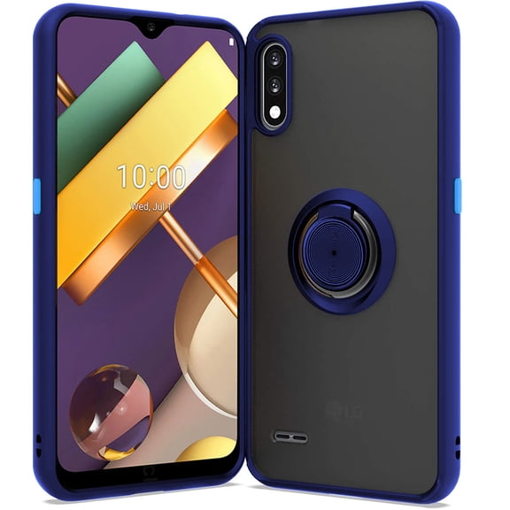For LG K22 / K22 Plus / K32 / LMK200 Impact Metal Ring Holder Stand Magnetic Car Mount Protective Hybrid Case Cover Blue