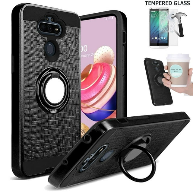 For LG K31 Rebel Case with Screen Protector / Phoenix 5 Case  / Shock Absorbing Cover (Slim Ring Black +Tempered Glass )